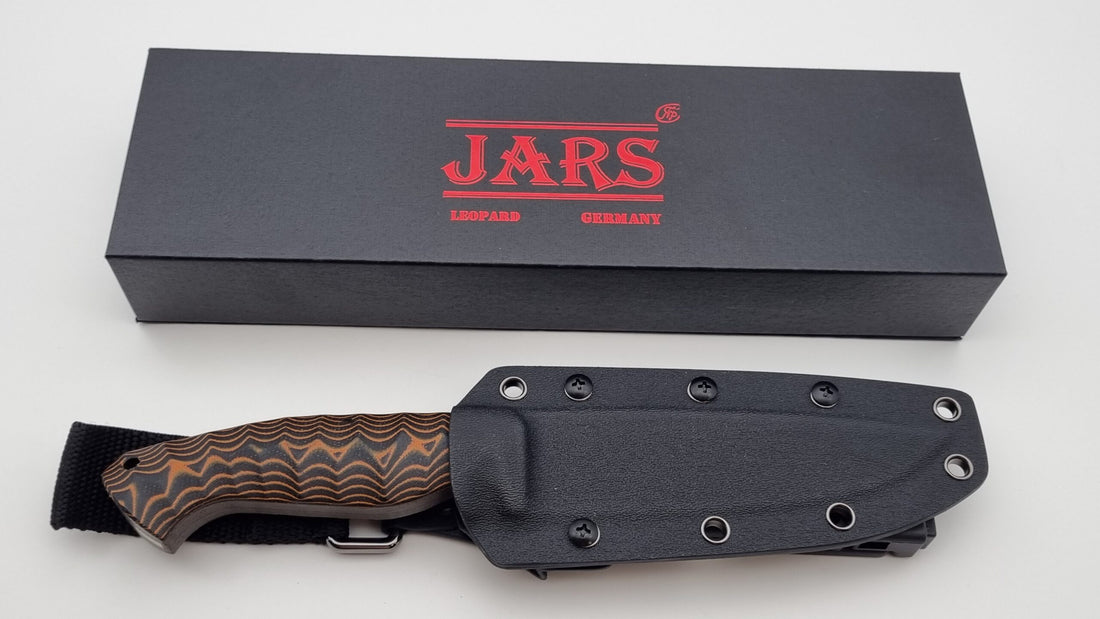 Leopard JARS Jagd Outdoor Messer N690 60HRC    Orange/Black Micarta Kydex