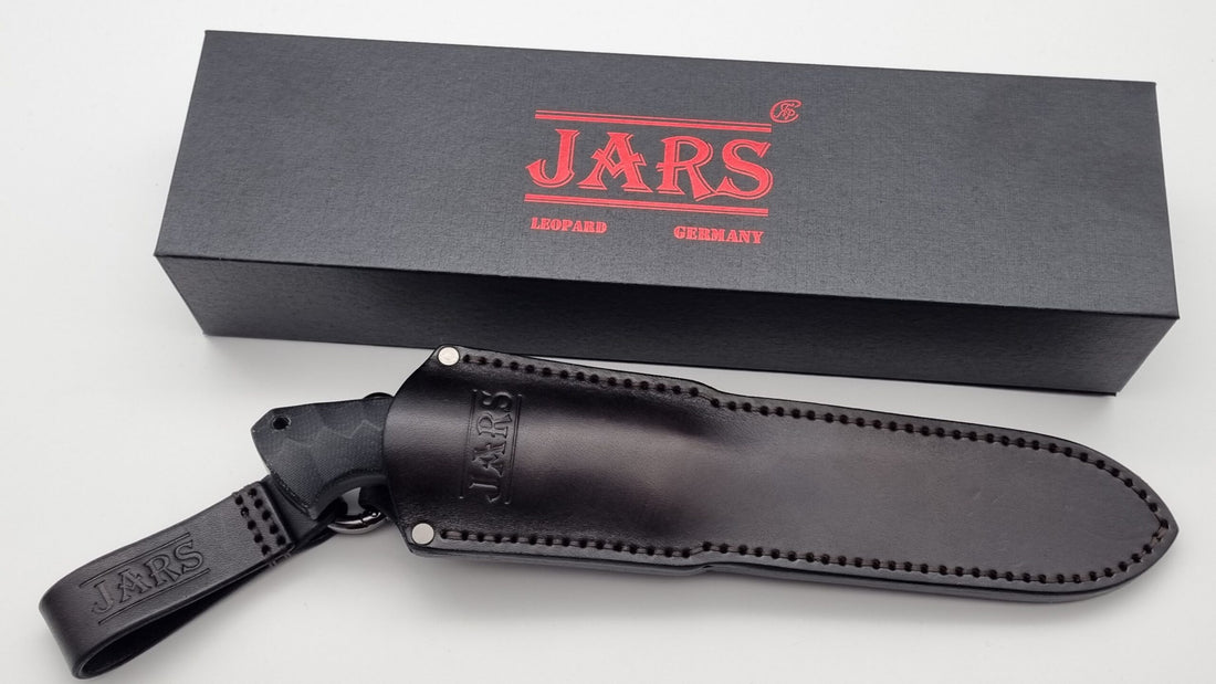 Leopard JARS Jagd Outdoor Messer N690 60HRC    Black Micarta Leder