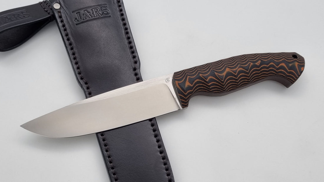 Leopard JARS Jagd Outdoor Messer N690 60HRC    Orange/Black Micarta Leder