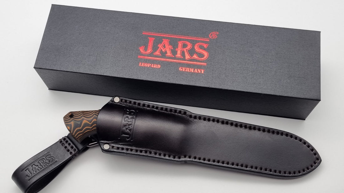 Leopard JARS Jagd Outdoor Messer N690 60HRC    Orange/Black Micarta Leder