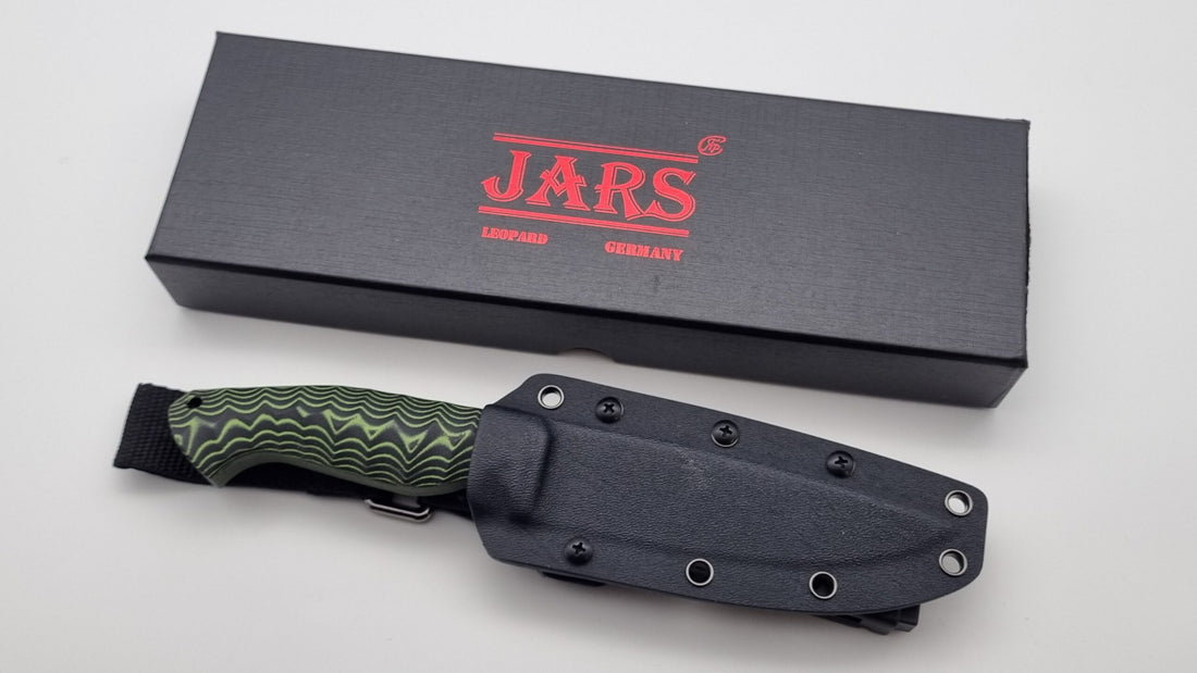 Leopard JARS Jagd Outdoor Messer N690 60HRC    Neon/Black Micarta Kydex